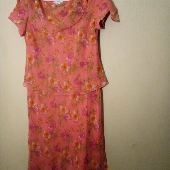 Miss Dorby Dress Women 12P 12 Petite Layered Short Sleeve Floral Pink - Picture 2 of 16
